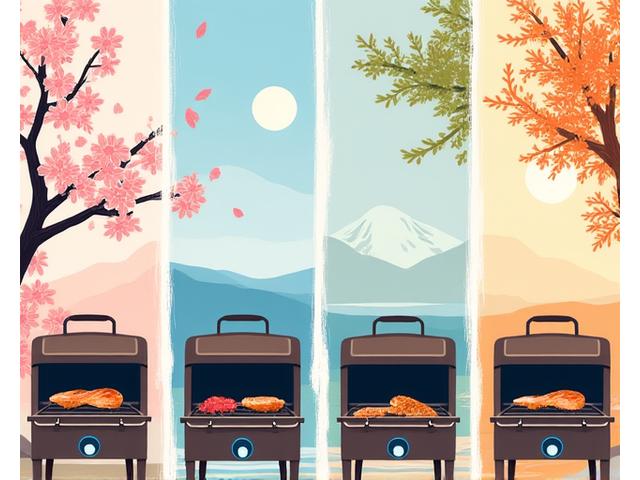 日本の美しい四季(桜の春、海の夏、紅葉の秋、雪景色の冬)それぞれの季節に合わせた家庭用グリルでのBBQシーン